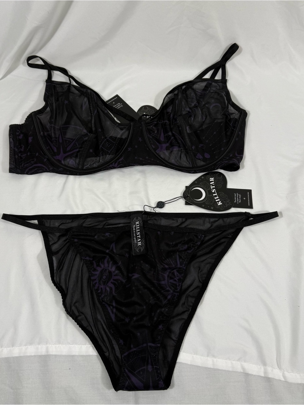 KILLSTAR Astrology Mesh Sheer Bra Set 3XL Gothic Black Purple Adjustable NWT